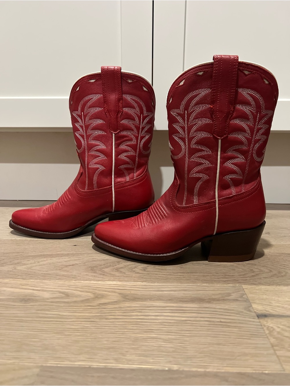 Tecovas Jolene Cherry Red Western Cowboy Boots with White Stitching - Picture 1 of 5